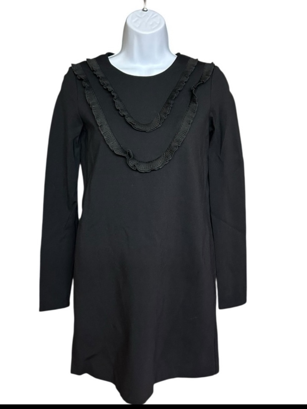Aritzia Sunday Best Black Long-Sleeve Ruffle Bib Shift Mini Dress - Size XS